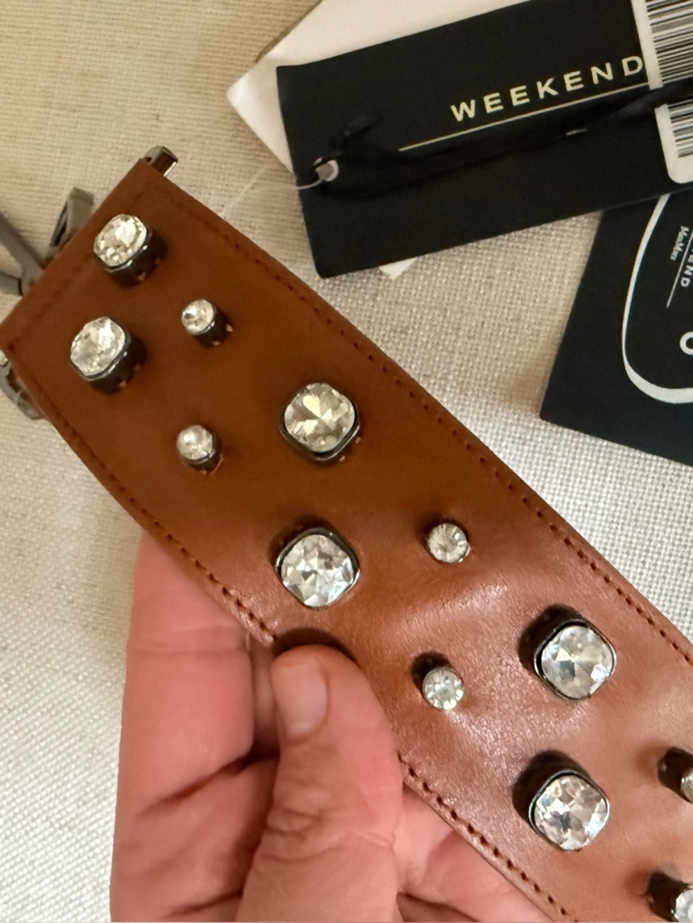 Weekend Max Mara Leather Studded Bag Strap Tobaco Crystal Embellished - Picture 4 of 6